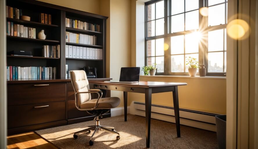 A cozy office with a desk, chair, and bookshelves. Sunlight filters through the window, casting a warm glow on the room