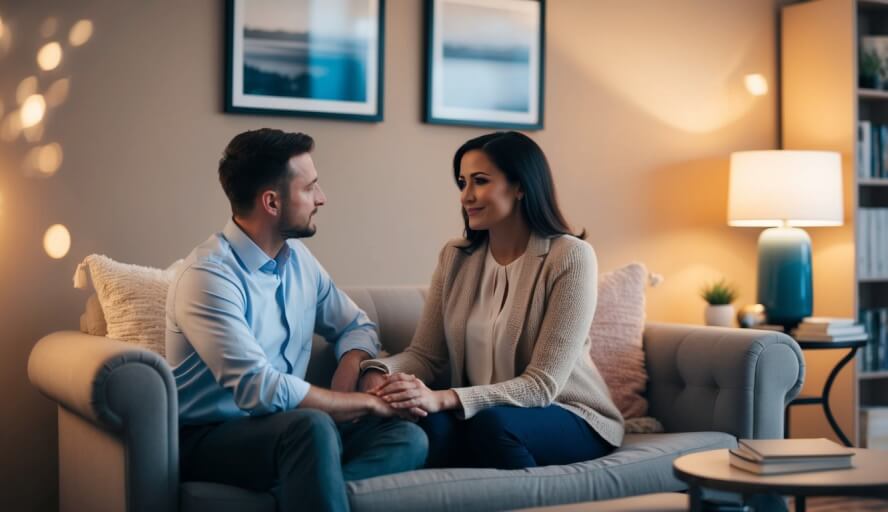 A serene office with a cozy couch and warm lighting, a therapist and client engage in deep conversation