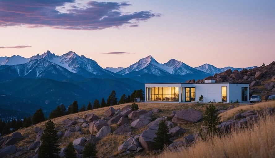 A serene mountain landscape with a peaceful counseling office nestled among the rocky peaks of Denver, Colorado