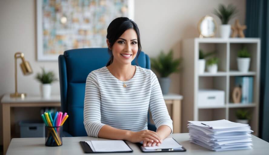 A therapist in a cozy office, surrounded by calming decor and a stack of FAQ papers on their desk