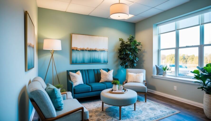 A serene office with calming decor and natural light, featuring comfortable seating and a cozy atmosphere for therapy sessions