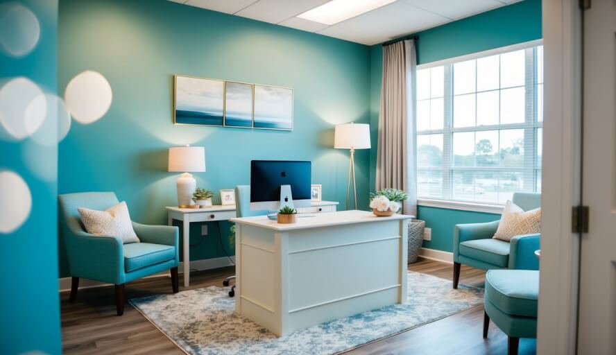 A therapist's office with calming decor and comfortable seating, a desk with a computer, and a serene atmosphere