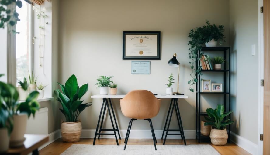 A cozy office with a desk, chair, and bookshelf. A diploma and license hang on the wall. Plants and soothing decor create a calming atmosphere