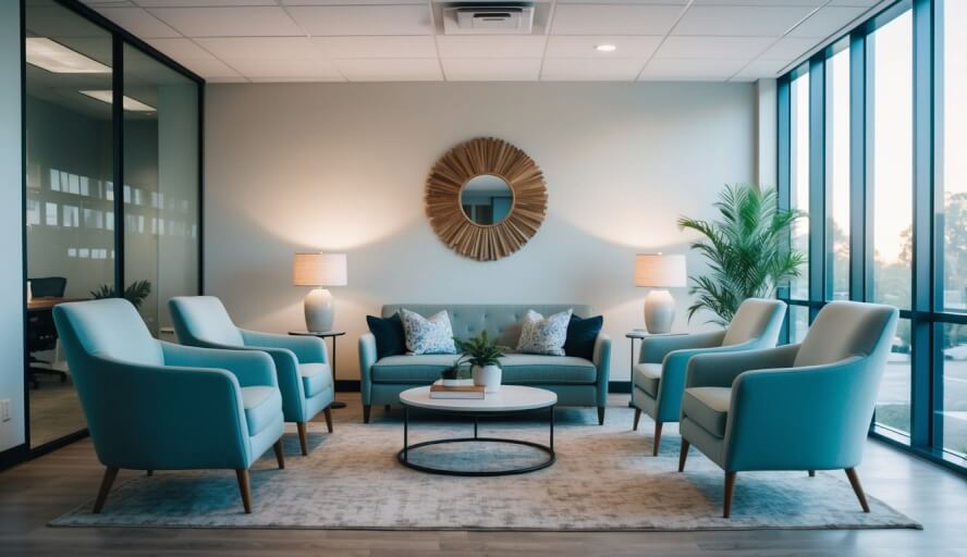 A serene office space with calming decor and comfortable seating for clients