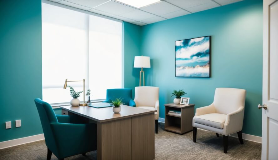 An office setting with a therapist's desk, comfortable chairs, and calming decor in Cleveland, OH