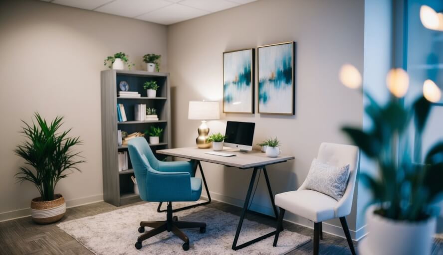 A cozy office with a desk, chair, and bookshelf. Soft lighting and calming decor create a serene atmosphere for therapy sessions