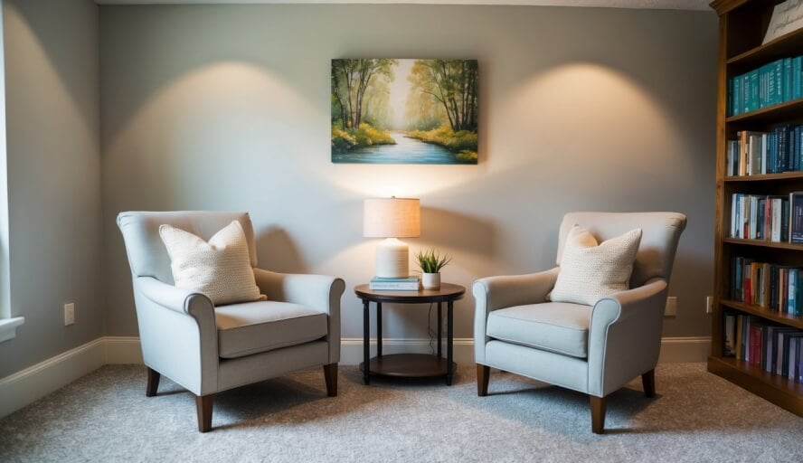 A cozy office with two armchairs facing each other, soft lighting, and calming decor. A small bookshelf filled with self-help books and a soothing nature scene painting on the wall