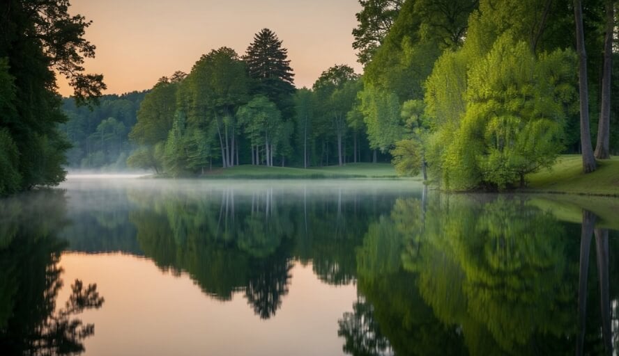 A serene nature scene with a calm lake surrounded by trees, reflecting a peaceful and tranquil atmosphere