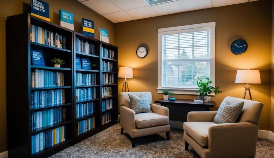 A cozy office with warm lighting, comfortable seating, and calming decor. A bookshelf filled with resources on men's mental health