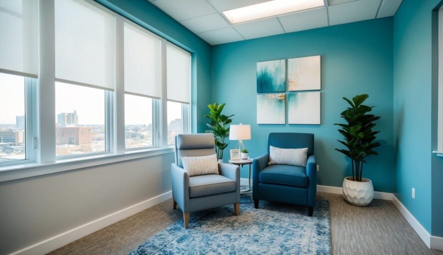 A therapist's office with a comfortable chair, soft lighting, and calming decor in Cleveland, OH