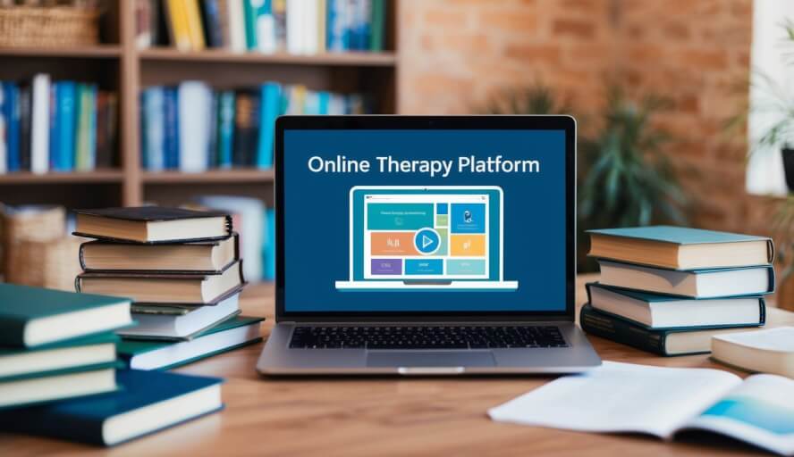 A laptop displaying an online therapy platform, surrounded by books and resources, in a cozy office setting in Burkina Faso