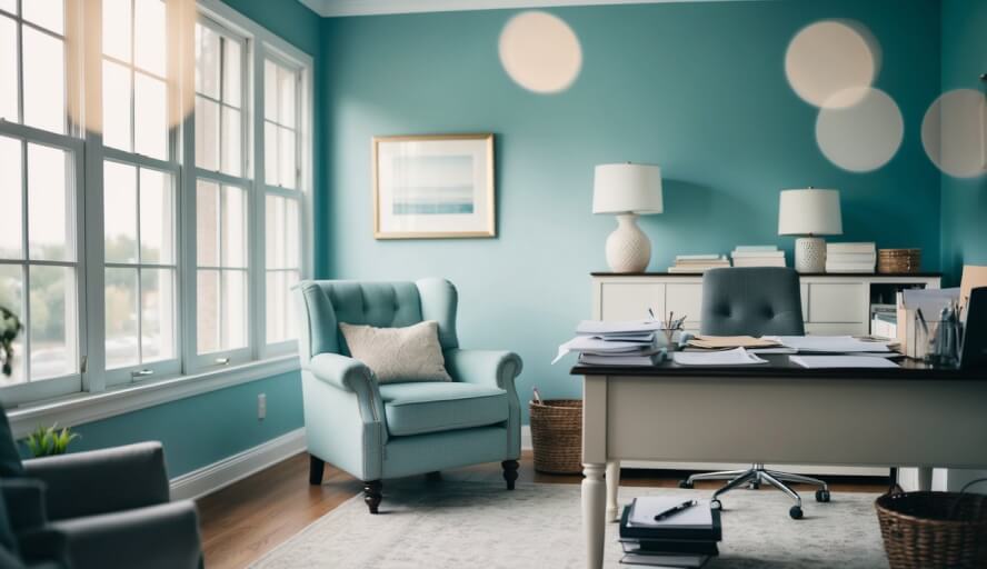 A serene office with a cozy armchair, a desk cluttered with papers, and a soothing color scheme