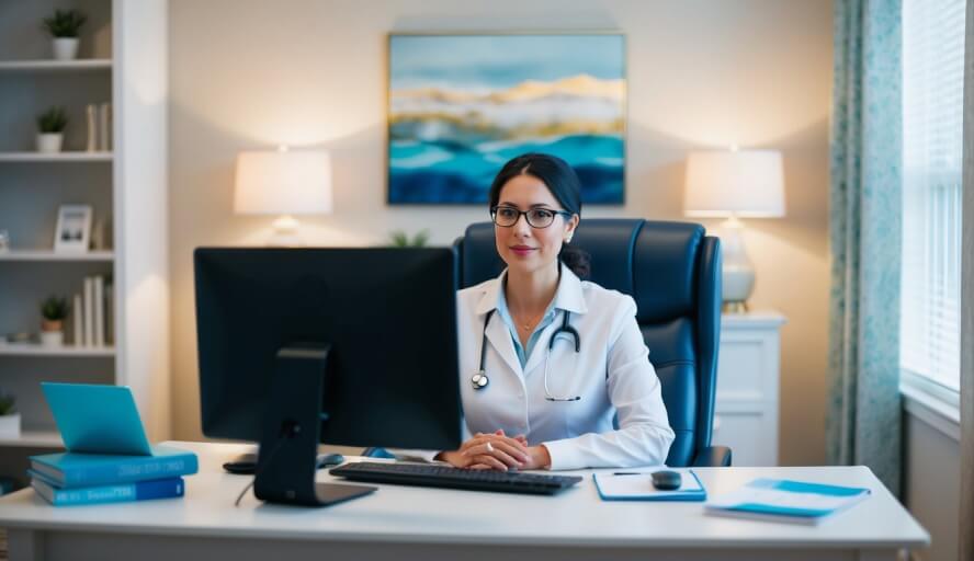 A therapist sits in a serene office, surrounded by calming decor and soft lighting. A desk holds stress management resources and a computer