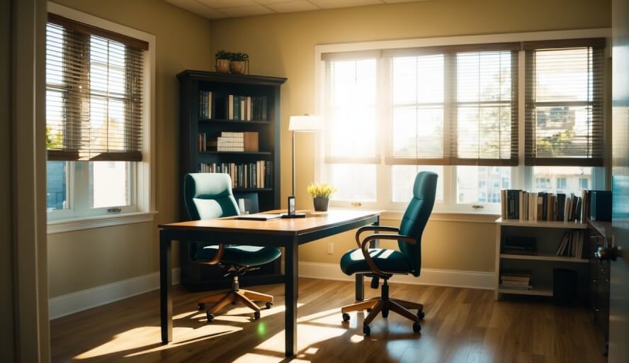 A cozy office with a desk, chair, and bookshelf. Sunlight streams in through the window, casting a warm glow on the room