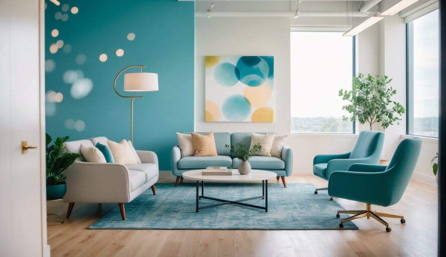 A serene office space with calming colors and natural light, featuring comfortable seating and a peaceful atmosphere