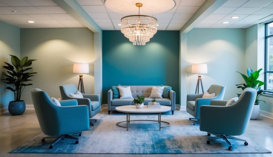 A serene office space with calming decor, soft lighting, and comfortable seating for clients seeking workplace stress reduction therapy