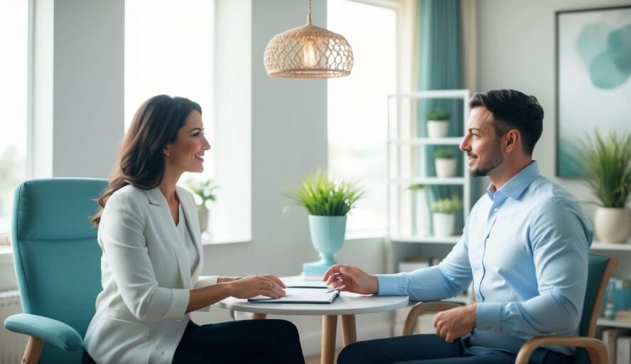 A serene office setting with a therapist and client engaging in work-life balance therapy, surrounded by calming decor and natural light