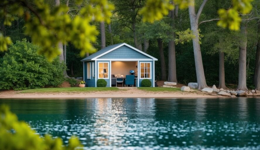 A serene lakeside setting with a cozy therapy office nestled among trees, offering a peaceful environment for counseling sessions