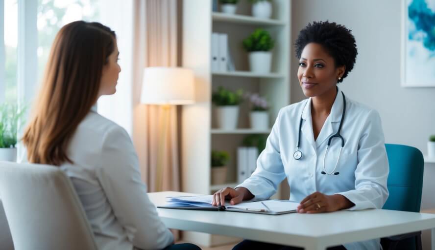 A therapist in a serene office, surrounded by calming decor and soft lighting, listens attentively to a client's concerns about work stress