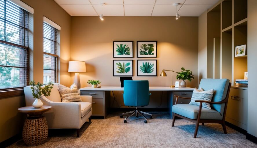 A cozy office with warm lighting and comfortable seating, decorated with calming colors and nature-inspired artwork