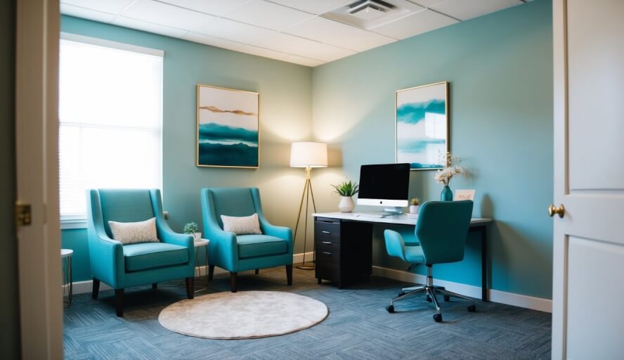 A therapist's office with comfortable chairs and soft lighting, a desk with a computer and calming decor