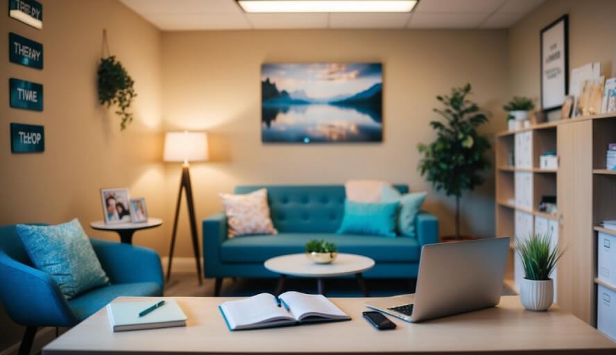 A cozy office with warm lighting, comfortable seating, and calming decor. A laptop and a desk with therapy resources