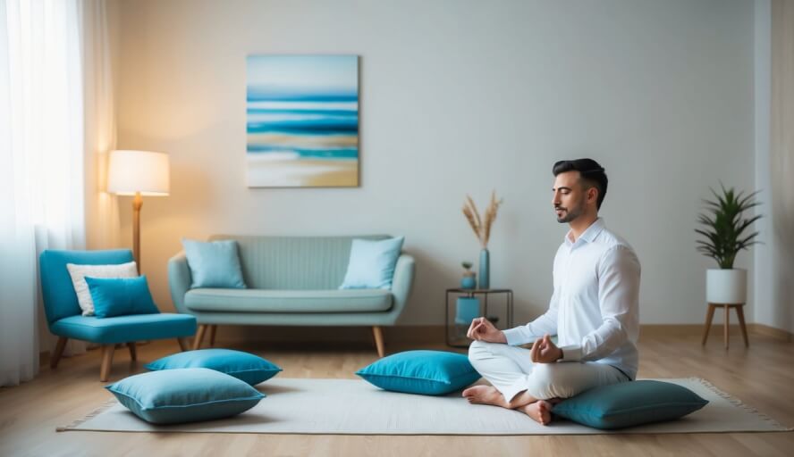A serene room with soft lighting, comfortable seating, and calming decor. Mindfulness tools like meditation cushions and soothing artwork create a peaceful atmosphere for male depression therapy