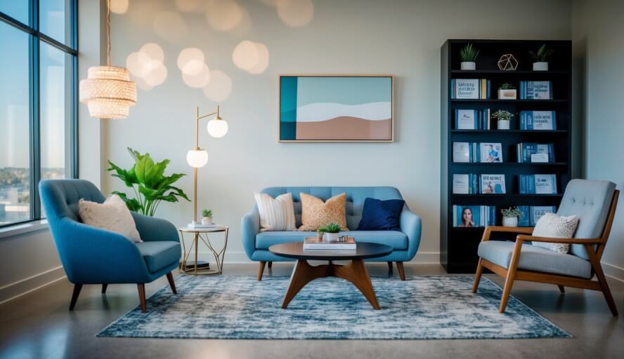 A peaceful office with comfortable seating and calming decor. A bookshelf filled with resources on male wellness and mental health