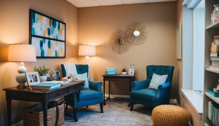 A cozy office with warm lighting and comfortable seating. A desk is cluttered with therapy resources and a soothing atmosphere invites clients to open up