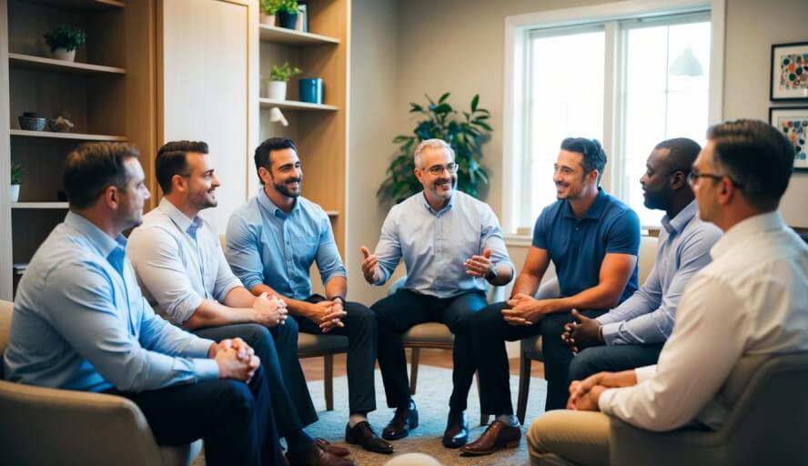 A group of men sit in a circle, sharing their experiences with a therapist in a cozy office in Milwaukee, WI