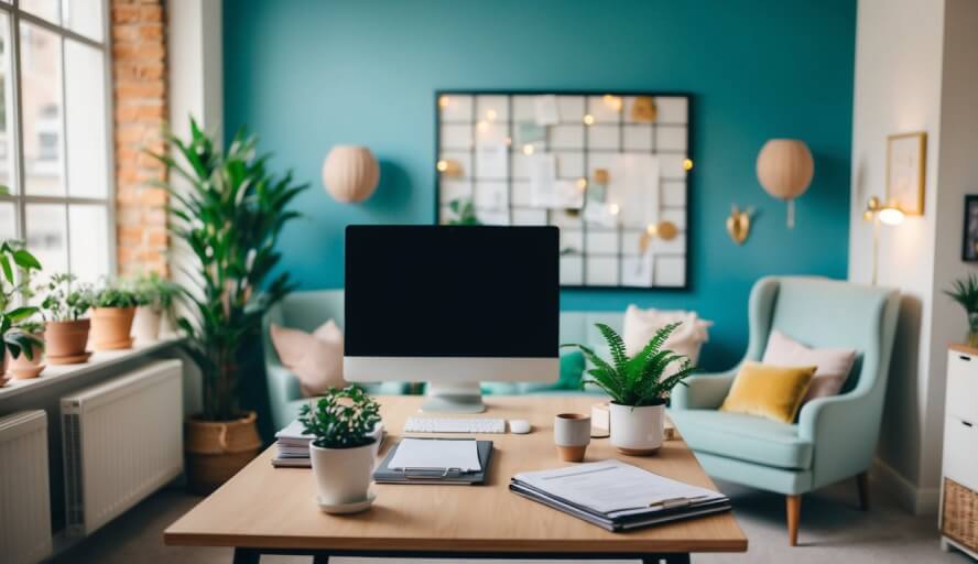 An office with a cozy, welcoming atmosphere, filled with calming colors and comfortable furniture. A desk holds a computer, a few plants, and a stack of paperwork