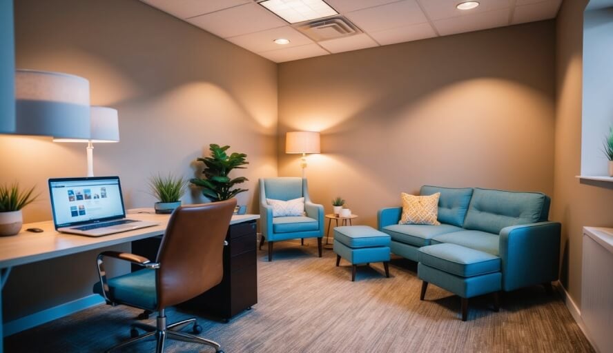 A serene office space with warm lighting, comfortable seating, and a calming atmosphere. A desk with a laptop and a cozy couch for therapy sessions