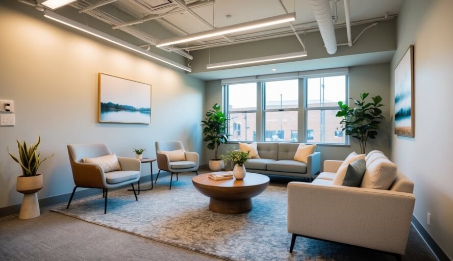 A peaceful and serene office space with soft lighting, comfortable seating, and calming decor, located in the heart of Nashville, TN