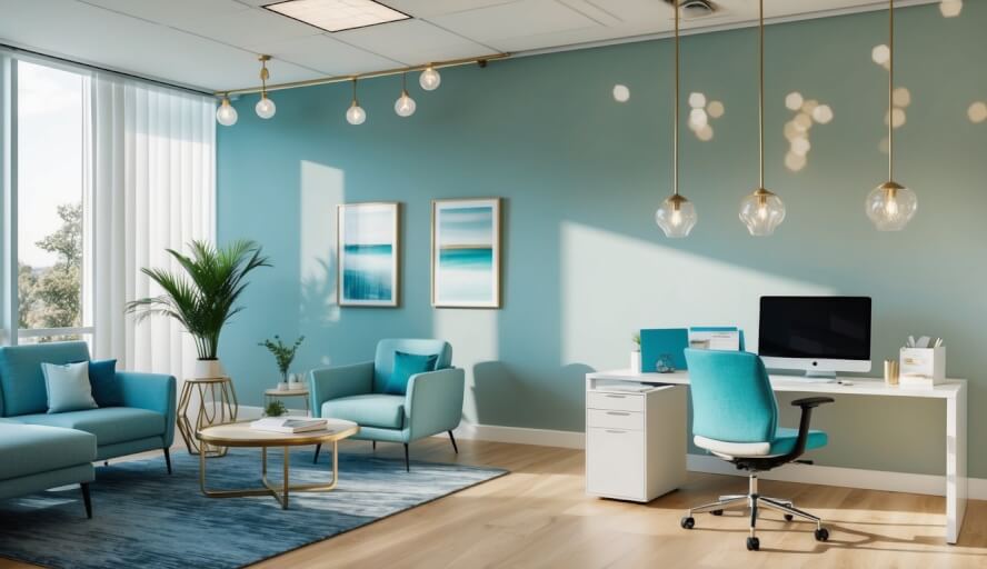 A serene office space with calming decor and natural light, featuring a comfortable seating area and a desk with a computer and counseling materials