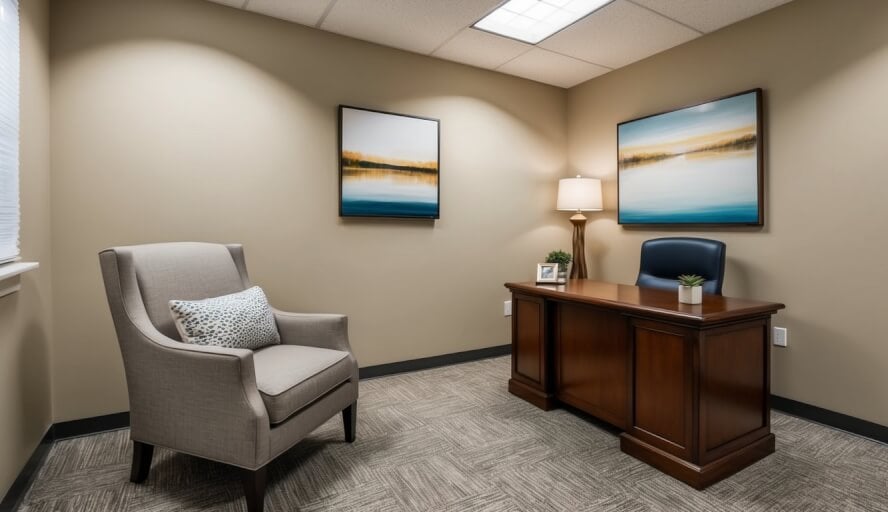 A cozy office in Pittsburgh, PA. A comfortable chair faces a warm, inviting therapist's desk. Peaceful artwork adorns the walls, creating a soothing atmosphere