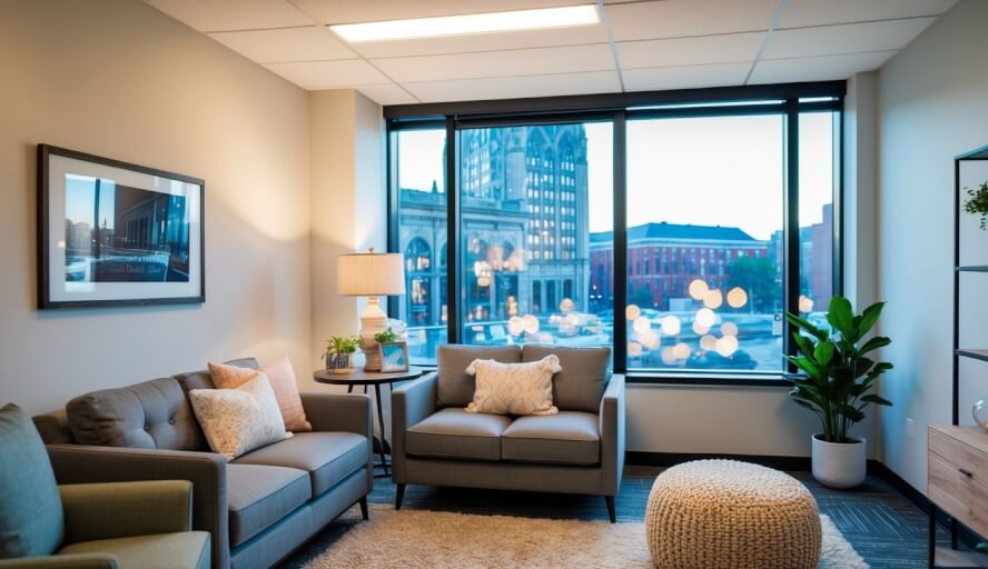 A peaceful office with a cozy couch and calming decor, located in Pittsburgh, PA