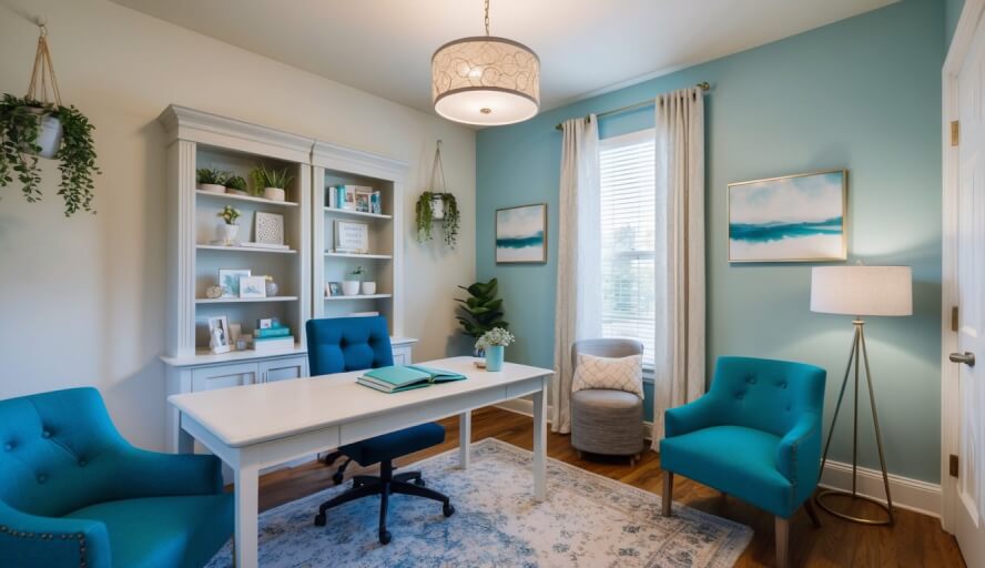 A cozy office with a desk, chair, and calming decor. Soft lighting and a welcoming atmosphere for therapy sessions