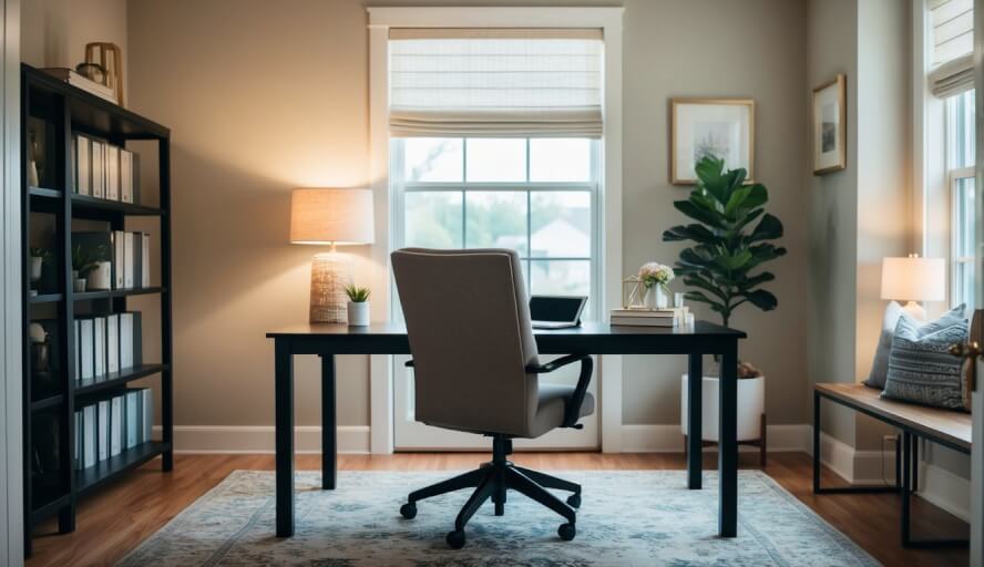 A cozy office with a desk, chair, and bookshelf. Soft lighting and calming decor create a serene atmosphere
