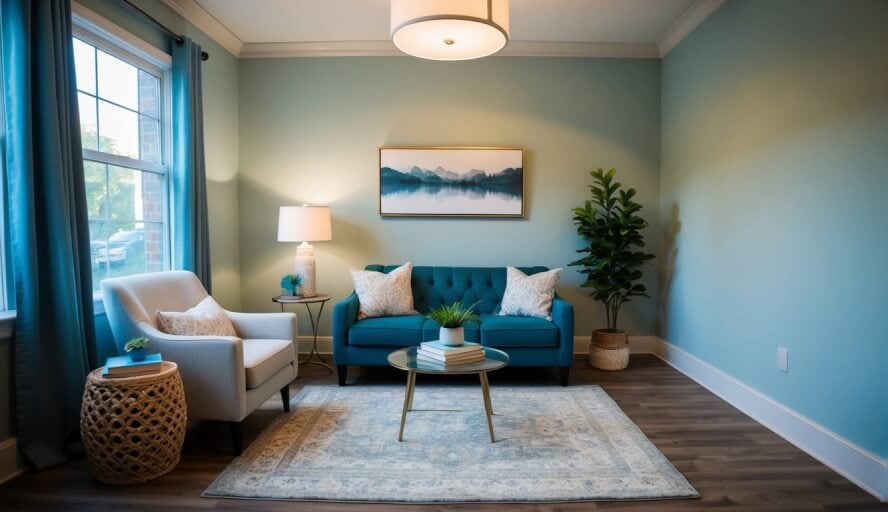 A cozy therapy office in Pittsburgh, PA, with calming decor and soft lighting, creating a welcoming environment for clients seeking help with anxiety and depression
