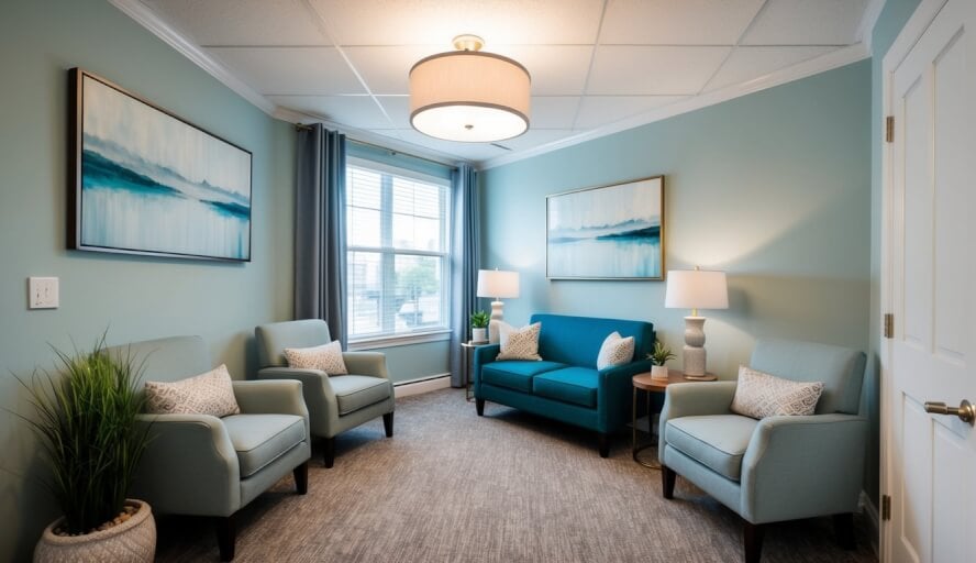 A therapist's office with calming decor and comfortable seating, located in Pittsburgh, PA