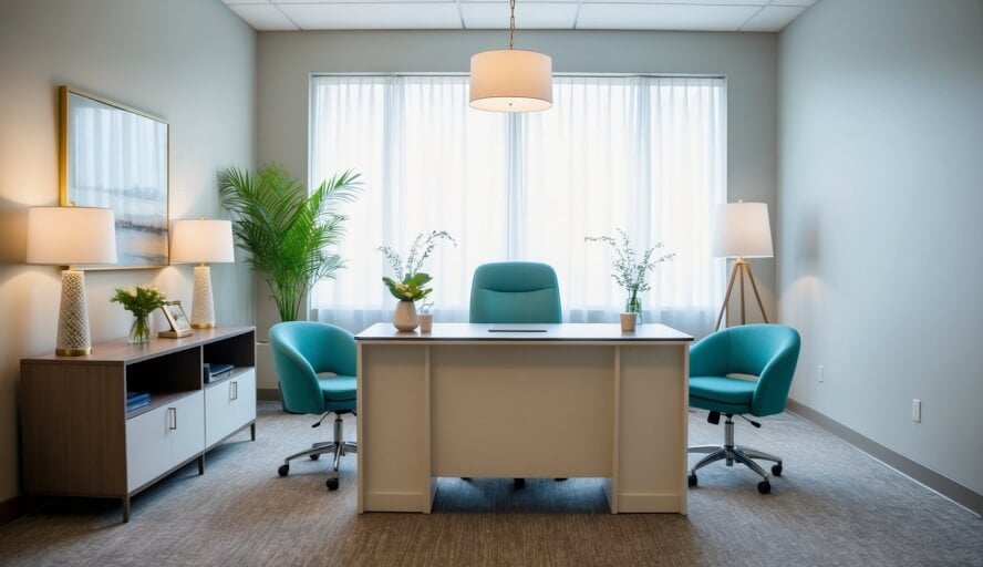 A serene office space with a desk, chair, and calming decor, located in Pittsburgh, PA, where therapists specializing in work stress are ready to help