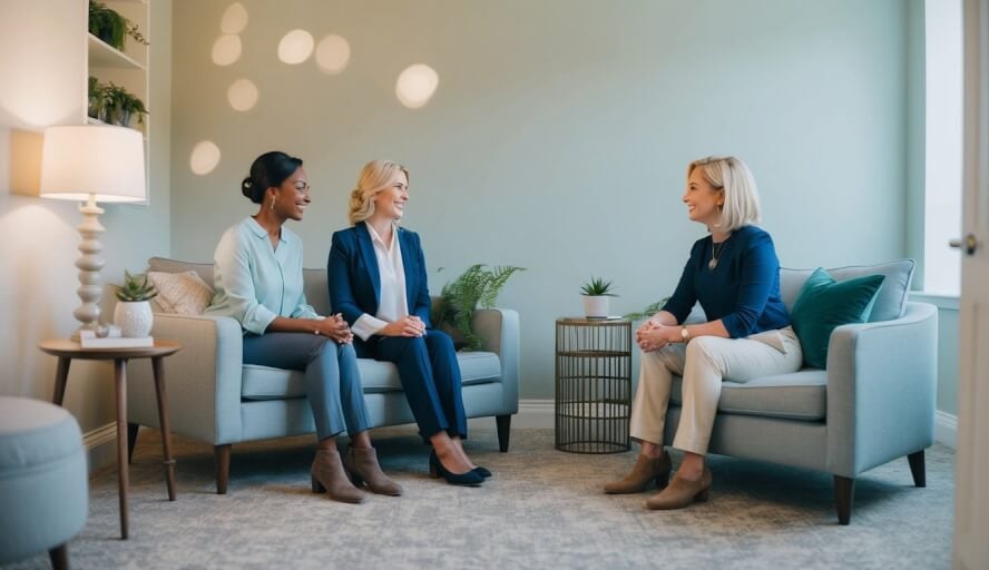 A peaceful office with a comfortable couch and soft lighting, a therapist and client engaged in conversation, surrounded by calming decor