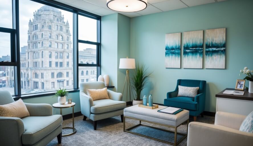 A therapist's office in Detroit, MI with calming decor and comfortable seating, a desk with paperwork, and a soft, inviting atmosphere