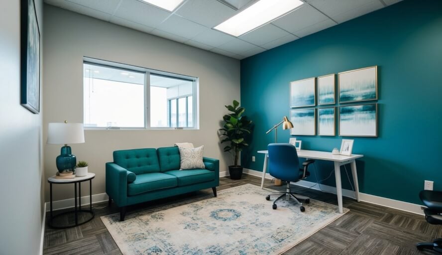 A therapist's office in Detroit, MI with a calming atmosphere and professional decor