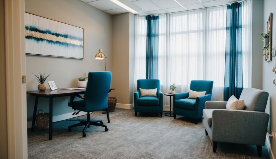 A therapist's office in Detroit, MI. A cozy space with a desk, comfortable chairs, and calming decor. A place for clients to seek support and relief from work-related stress