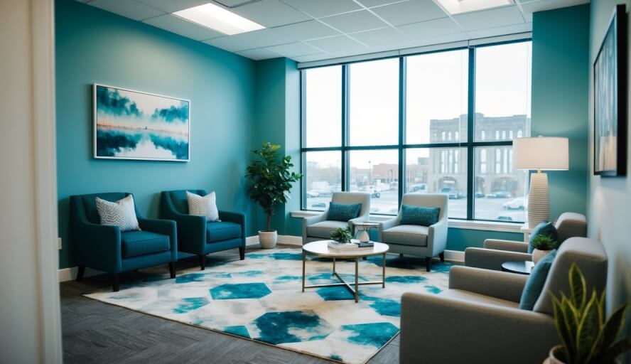 A therapist's office in Detroit, MI with calming decor and comfortable seating for clients