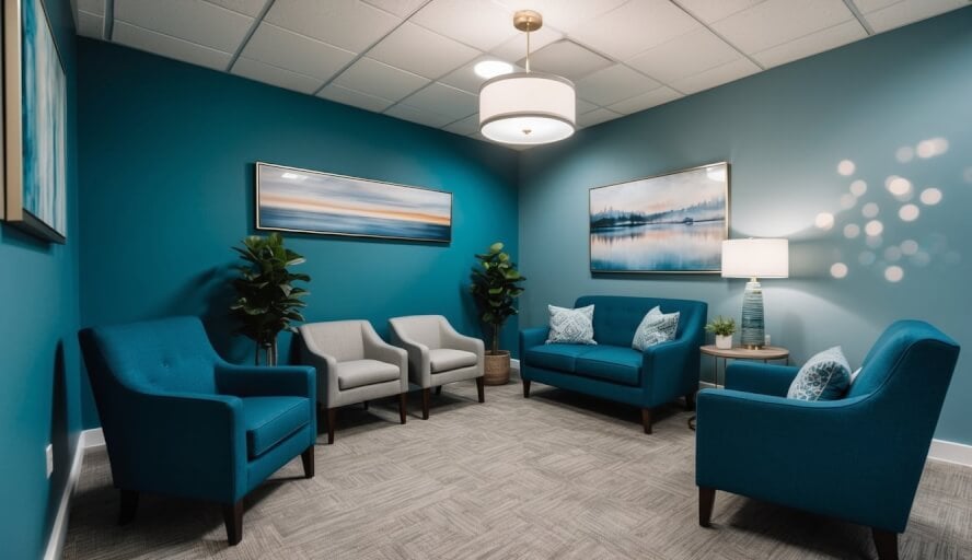 A therapist's office in Detroit, MI, with calming decor and comfortable seating for clients
