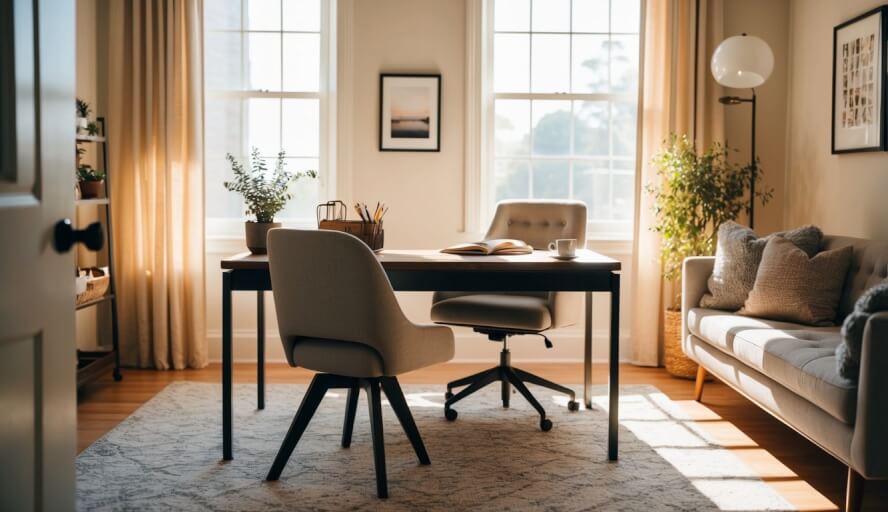 A cozy office with a desk, chair, and soothing decor. Sunlight streams in through a window, casting a warm glow on the space