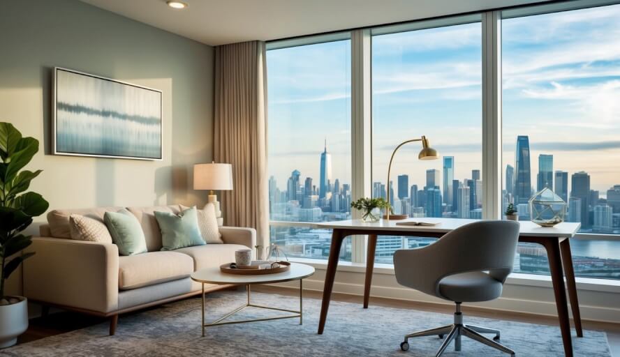 A tranquil office with a cozy couch and soft lighting, a desk with calming decor, and a large window overlooking the city skyline