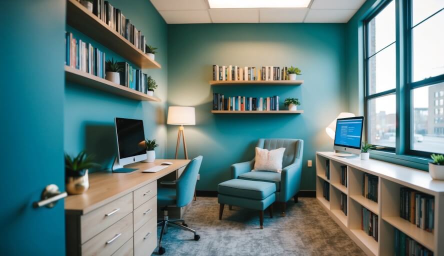 A therapist's office in Detroit, MI. A cozy space with calming colors, soft lighting, and comfortable seating. A desk with a computer and a bookshelf filled with self-help books